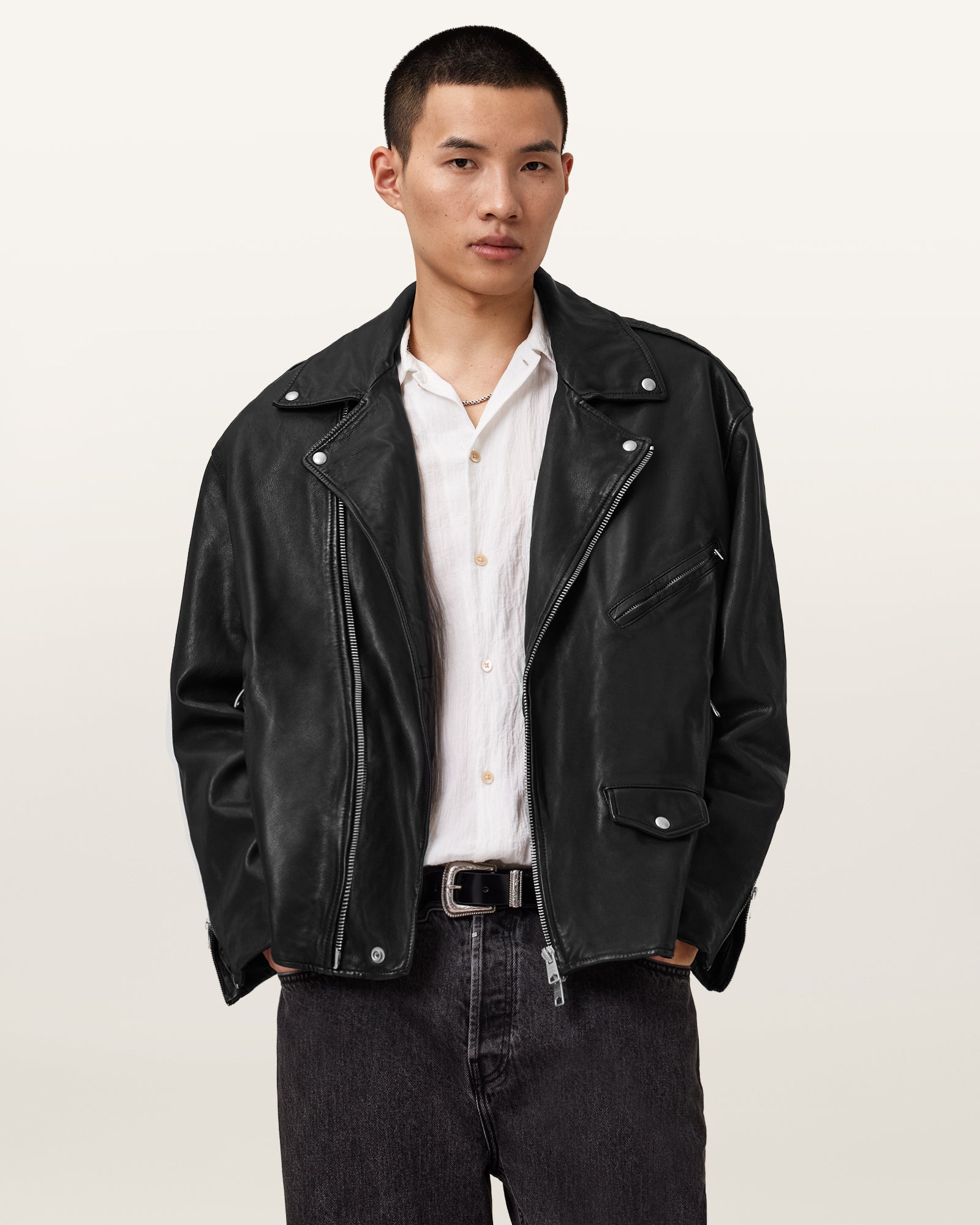 Black Color Bradford Biker Leather Jacket from AllSaints