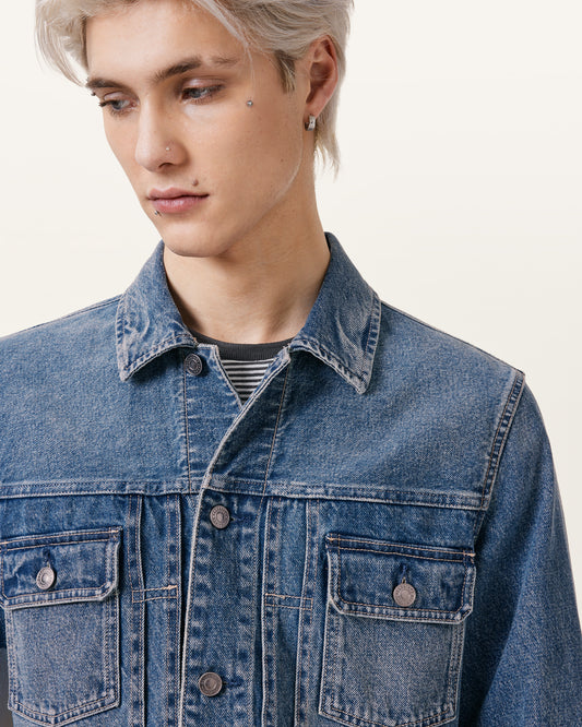 WASHED INDIGO BLUE Color Exile Denim Jacket from AllSaints