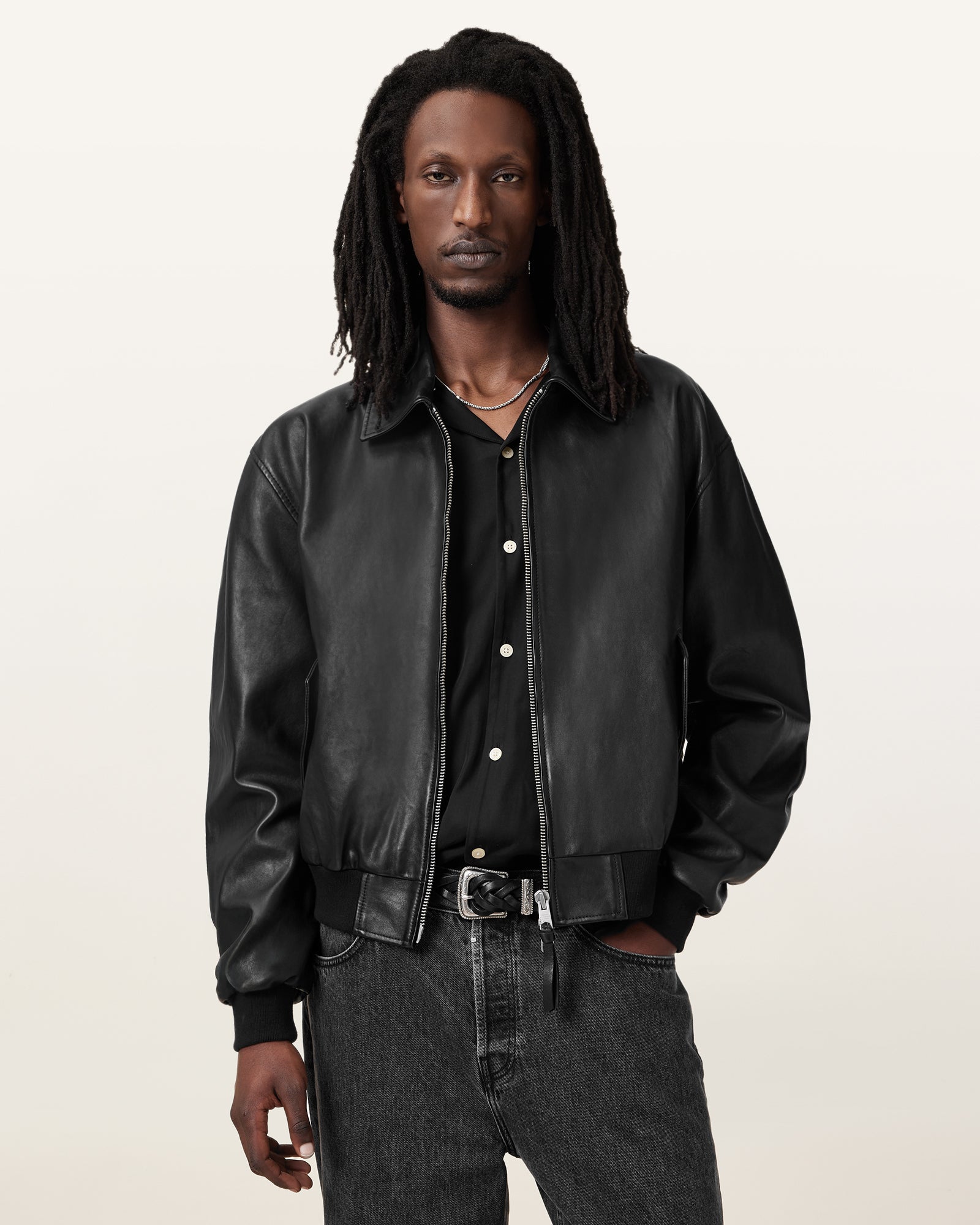 Black Color Marco Oversized Bomber Leather Jacket from AllSaints
