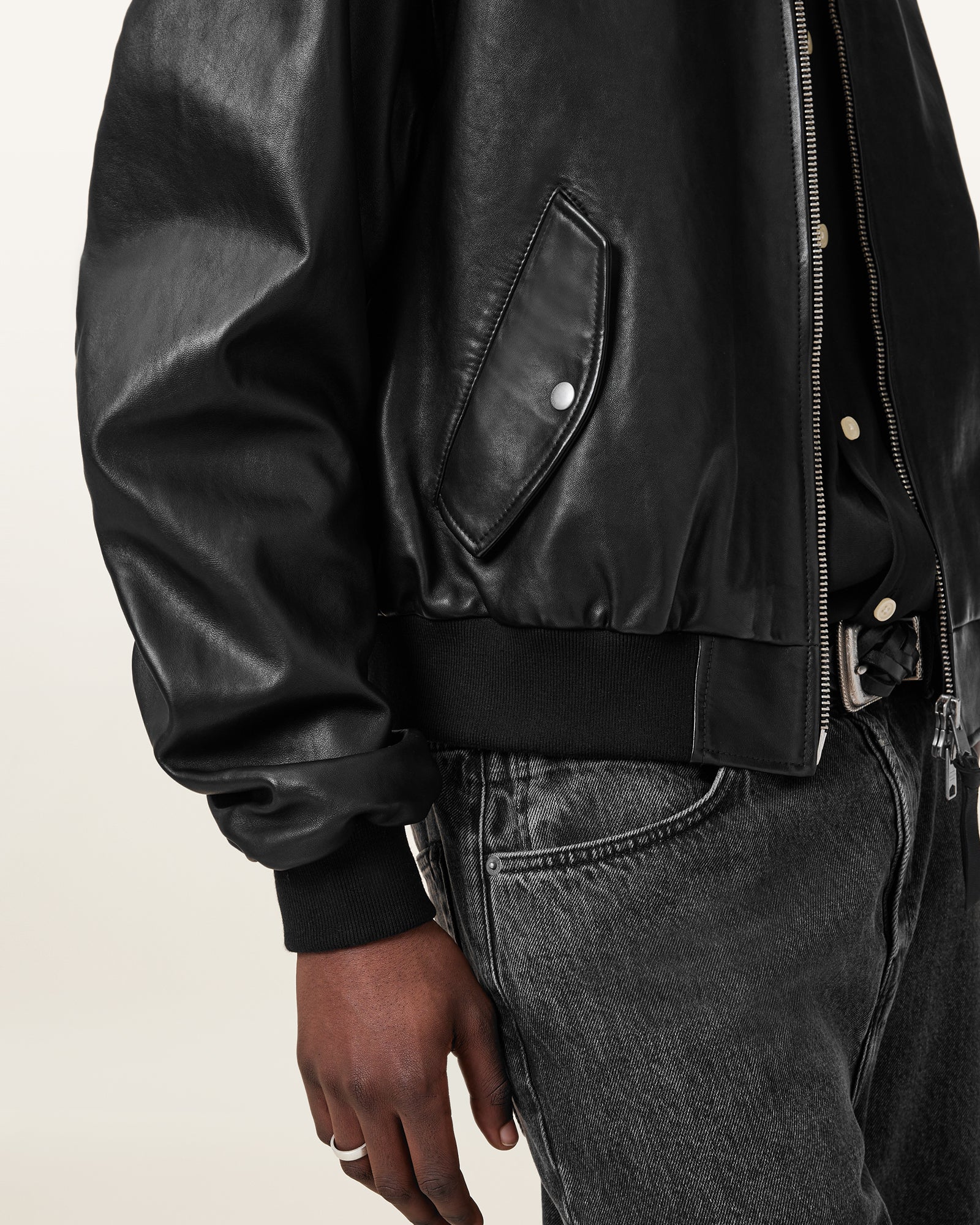 Black Color Marco Oversized Bomber Leather Jacket from AllSaints