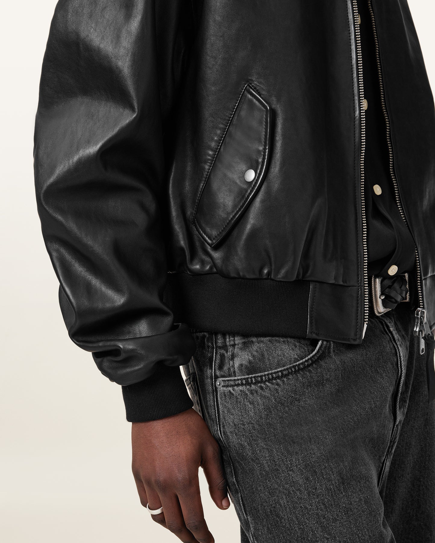 Black Color Marco Oversized Bomber Leather Jacket from AllSaints