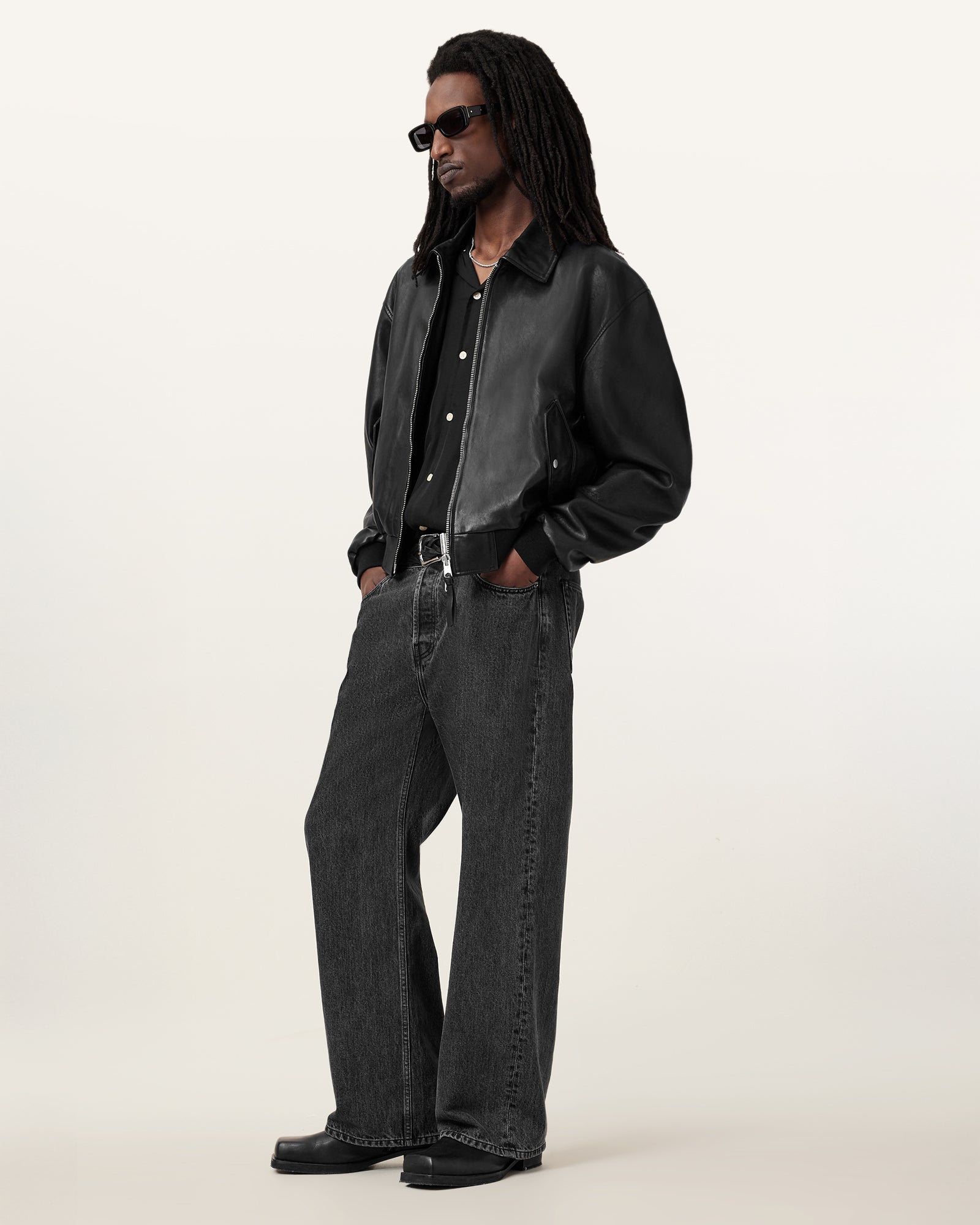 Black Color Marco Oversized Bomber Leather Jacket from AllSaints