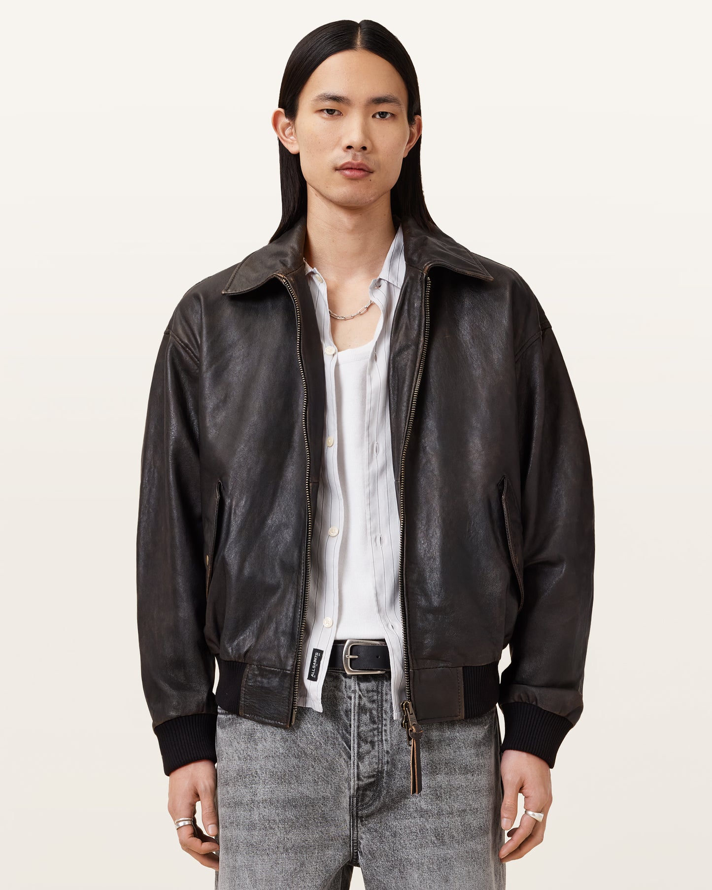 Vintage Black Color Marco Oversized Bomber Halton Leather Jacket from AllSaints