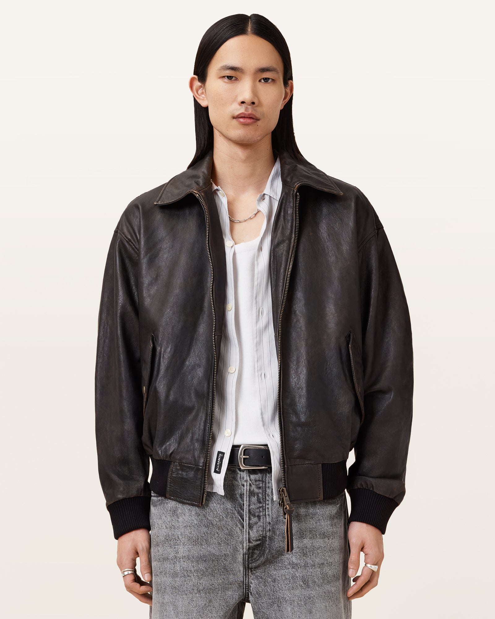 Vintage Black Color Marco Oversized Bomber Halton Leather Jacket from AllSaints
