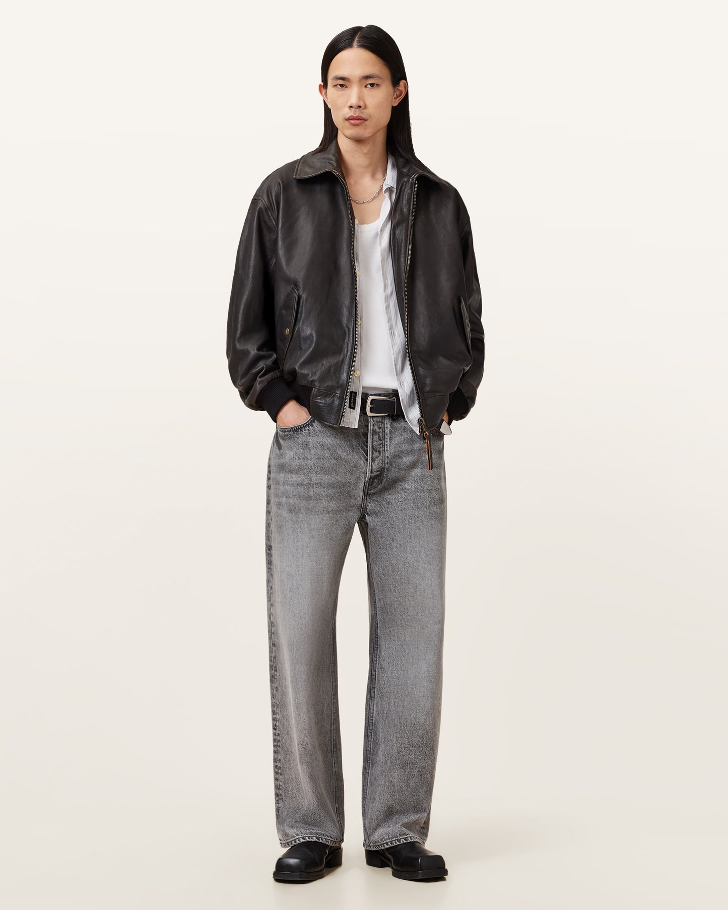 Vintage Black Color Marco Oversized Bomber Halton Leather Jacket from AllSaints