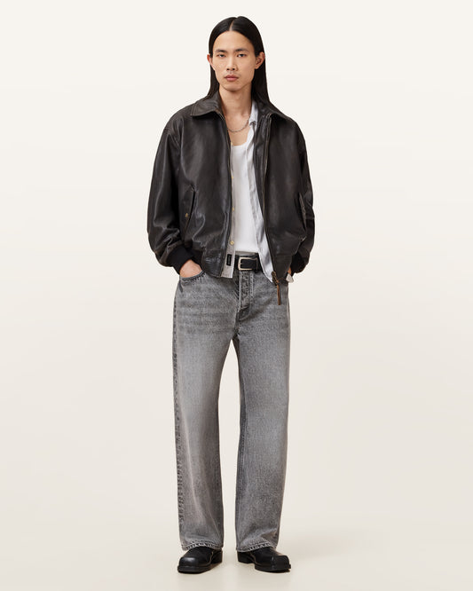 Vintage Black Color Marco Oversized Bomber Halton Leather Jacket from AllSaints