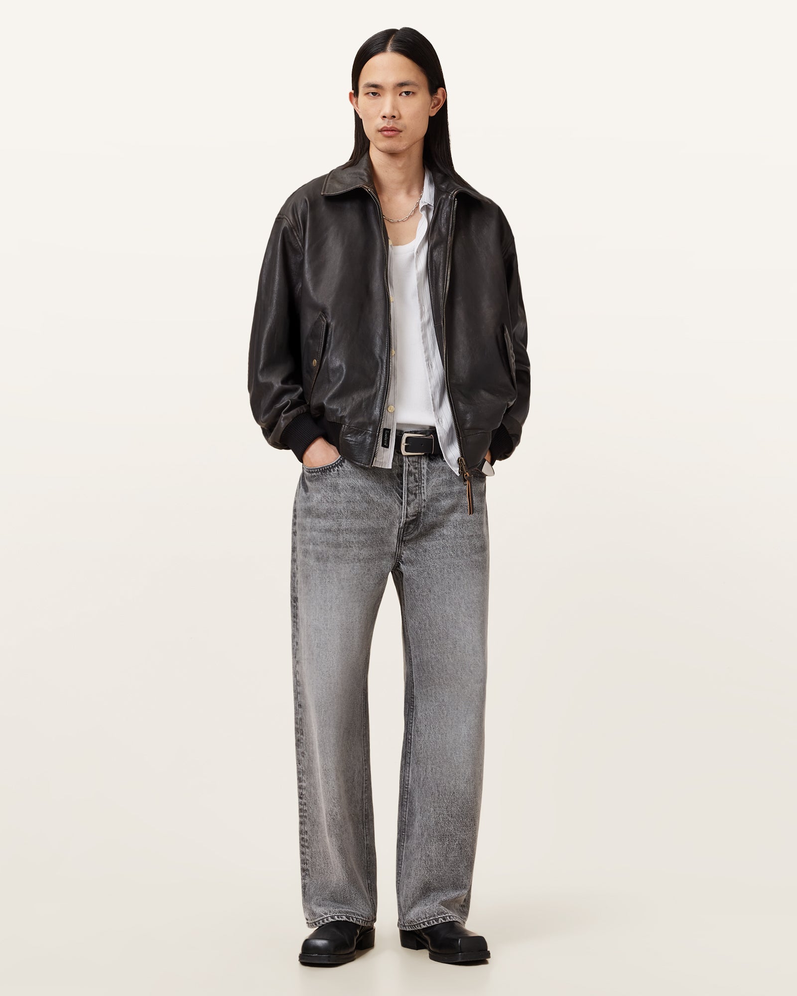 Vintage Black Color Marco Oversized Bomber Halton Leather Jacket from AllSaints