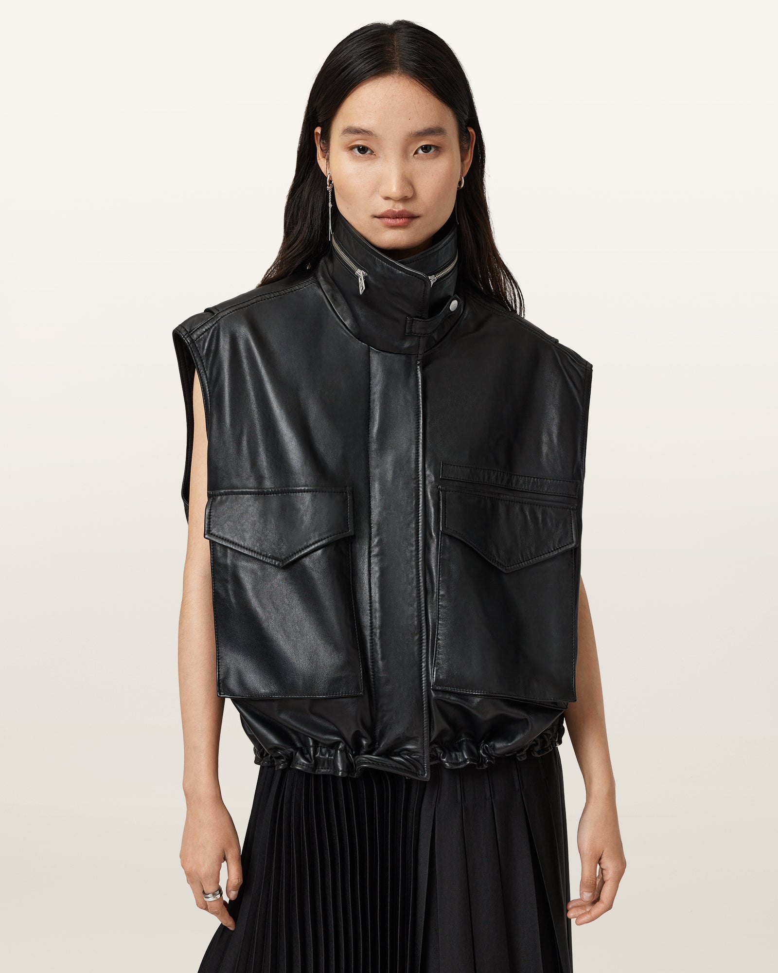 Black Color Clay Gilet Leather Jacket from AllSaints