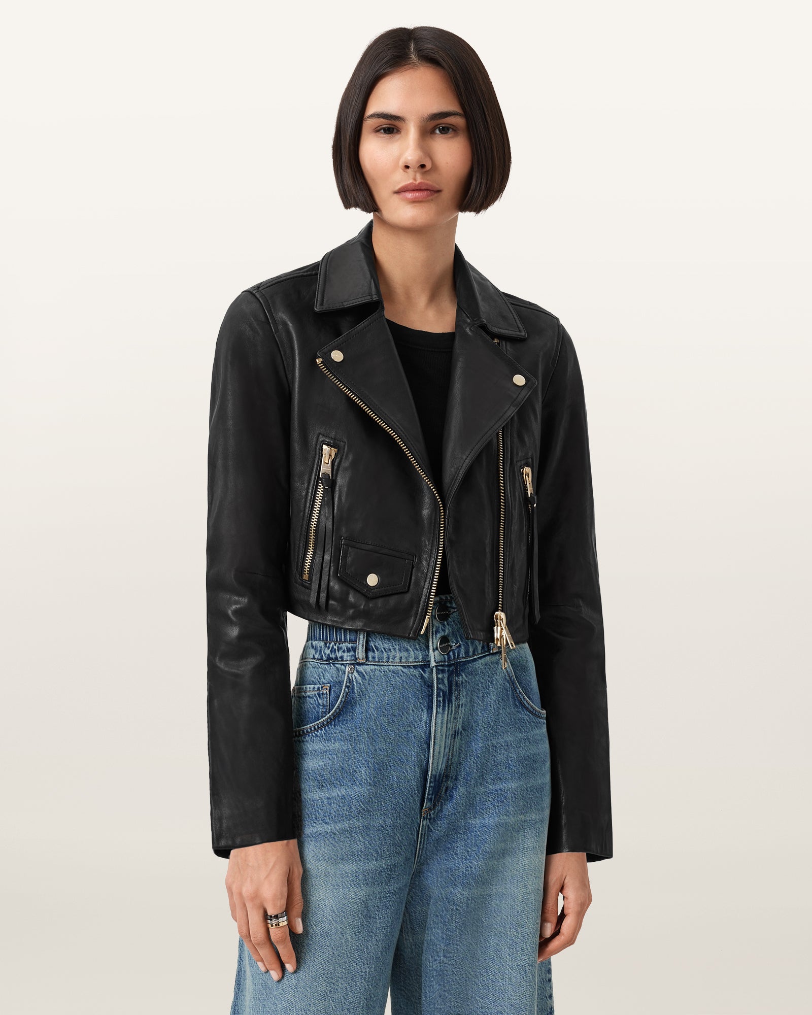 BLACK/GOLD Color Elora Leather Biker Jacket from AllSaints
