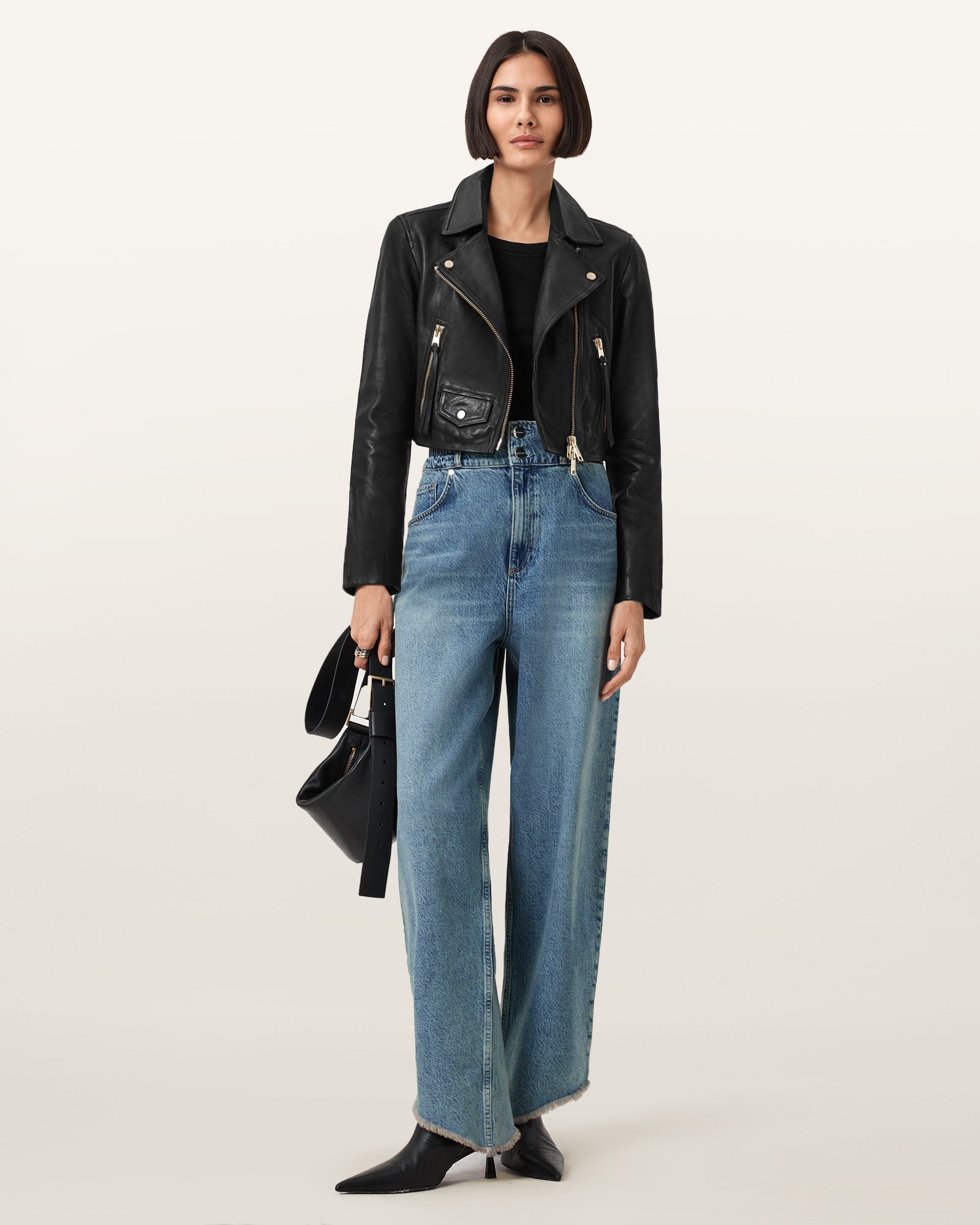 BLACK/GOLD Color Elora Leather Biker Jacket from AllSaints