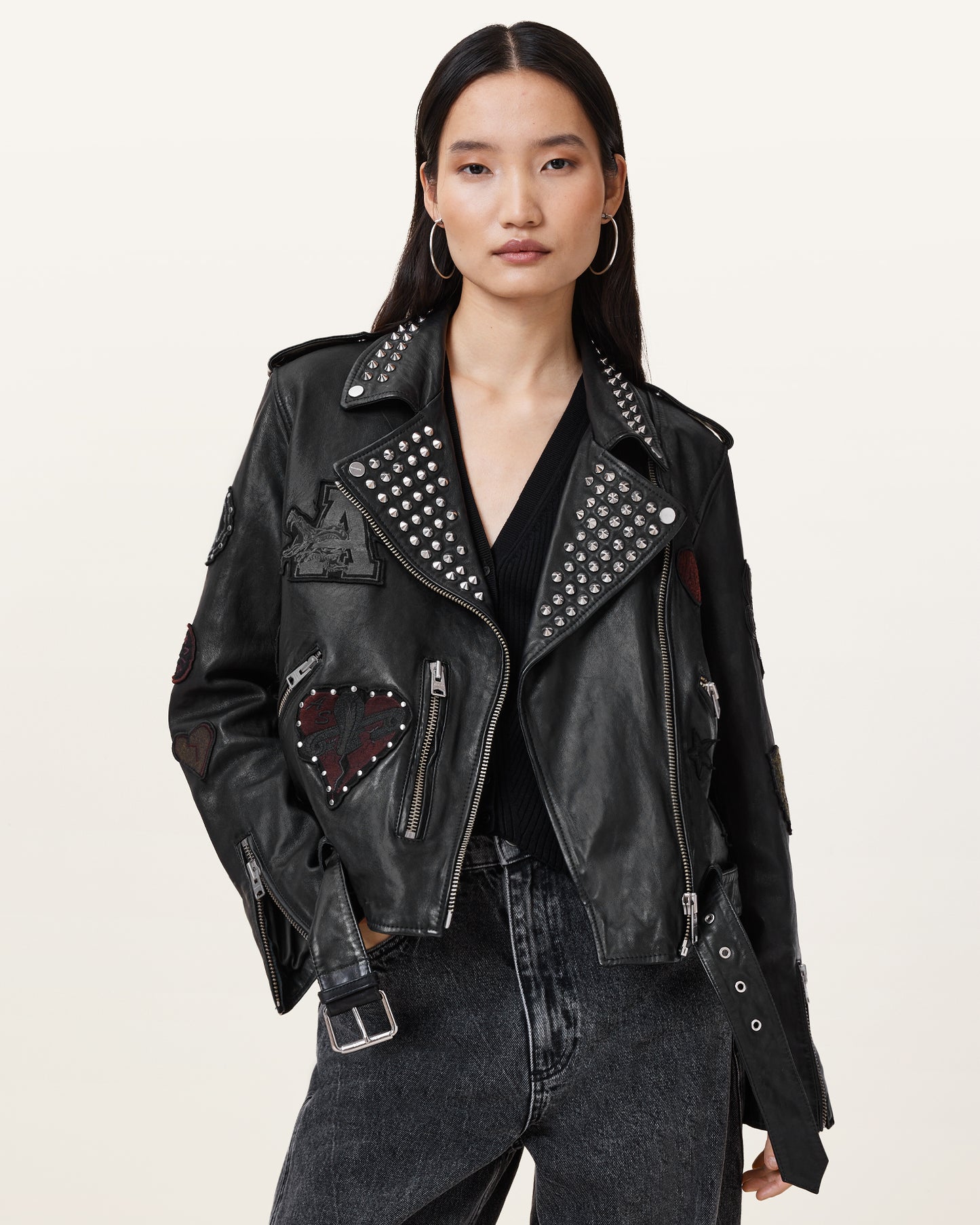 Black Color College Biker Leather Jacket from AllSaints