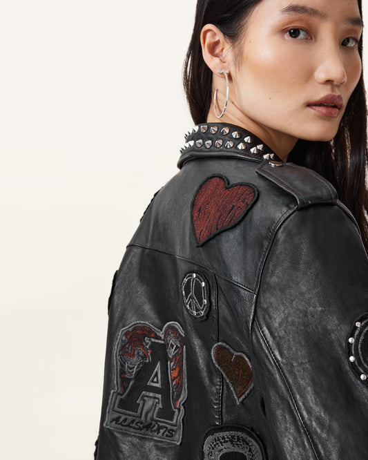 Black Color College Biker Leather Jacket from AllSaints