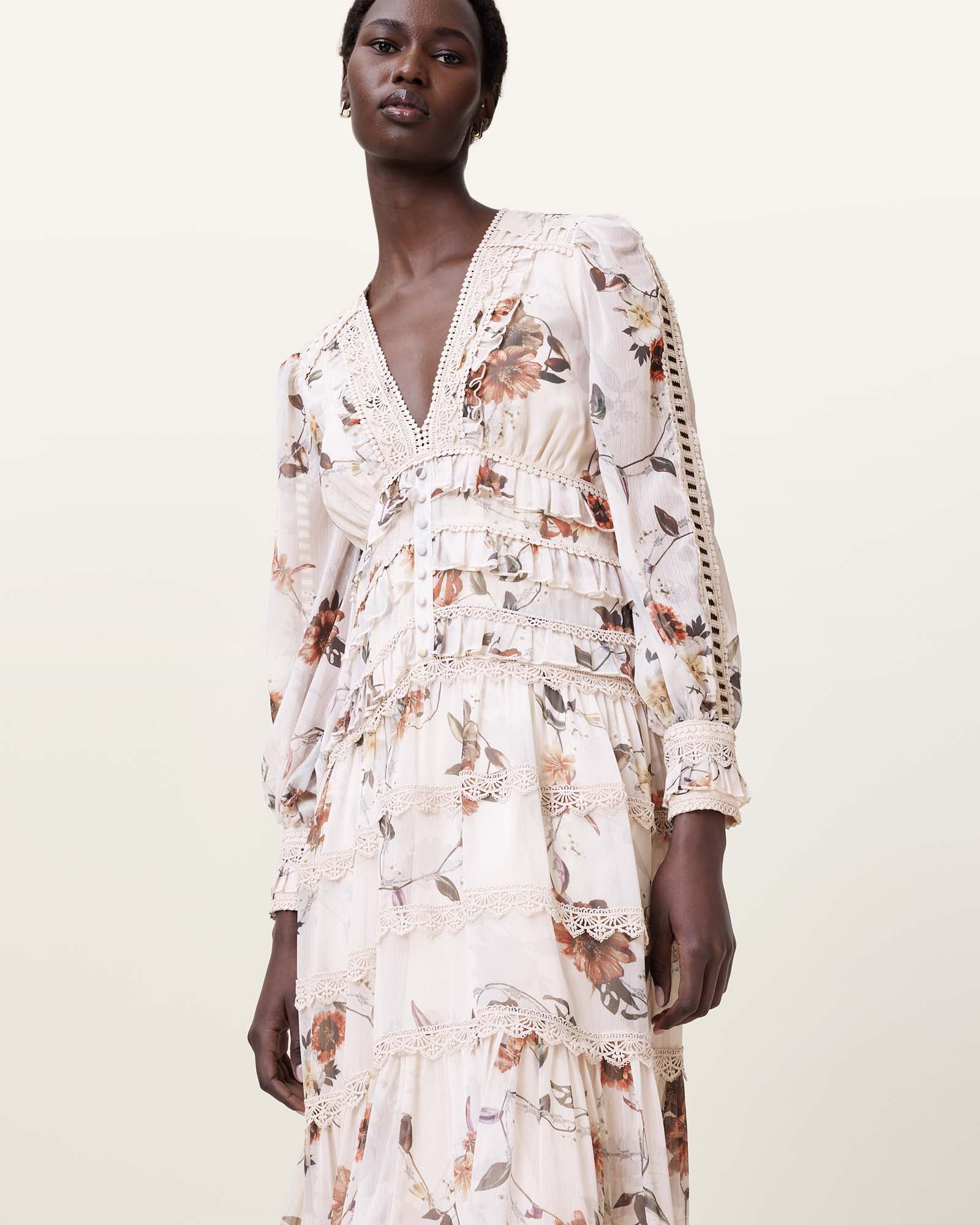 UNITY ECRU WHITE Color Zora Midi Dress from AllSaints